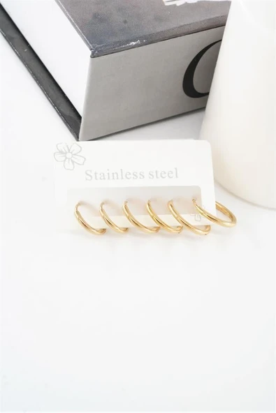 Kadın Kararmaz 316 L Çelik 6'lı Halka Set Küpe TKR001 - Resim 2