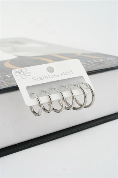 Kadın Kararmaz 316 L Çelik 6'lı Halka Set Küpe TKR001 - Resim 2