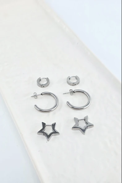 Kadın 316 L Paslanmaz Çelik Anti Alerjenik 6'lı Küpe Seti - Resim 2