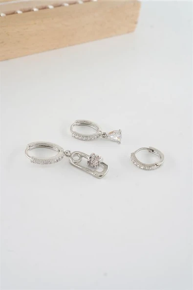 Kadın Vip Seri  Antialerjik Baget Zirkon Taşlı 3'lü Küpe - Resim 3