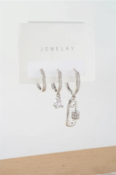 Kadın Vip Seri  Antialerjik Baget Zirkon Taşlı 3'lü Küpe ürün görseli