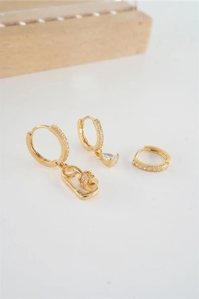 Kadın Vip Seri  Antialerjik Baget Zirkon Taşlı 3'lü Küpe - Resim 3