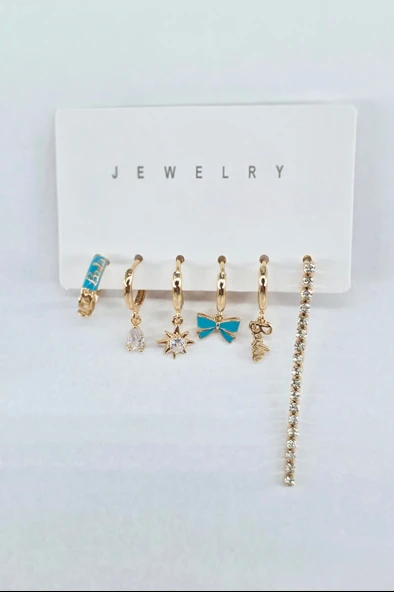 Kadın VIP Seri Zirkon Taşlı 6'lı Asimetrik Küpe Seti – Antialerjenik - Resim 2