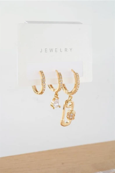 Kadın Vip Seri  Antialerjik Baget Zirkon Taşlı 3'lü Küpe - Resim 2