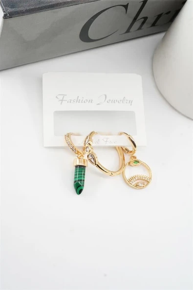 Kadın Vip Seri Zirkon Taşlı Göz Figürlü 3'lü Set Küpe - Resim 2