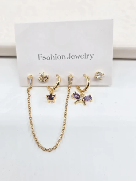 Kadın VIP Seri Zirkon Taşlı 6'lı Asimetrik Küpe Seti – Antialerjenik - Resim 2