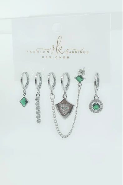 Kadın VIP Seri Zirkon Taşlı 6'lı Asimetrik Küpe Seti – Antialerjenik - Resim 3