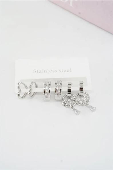 Kadın Vip Seri Baget Zirkon Taşlı Klipsli 6'lı Set Küpe - Resim 2