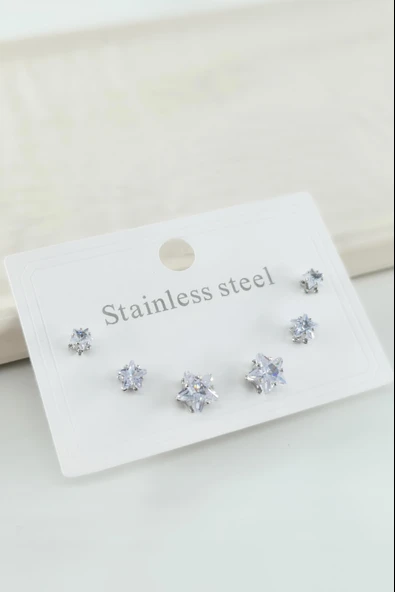 Çelik Baget Zirkon Taşlı 6'lı 3 Boy Küpe Seti – Antialerjenik Kararmaz - Resim 3