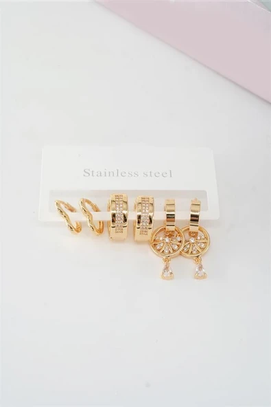 Kadın Vip Seri Baget Zirkon Taşlı Klipsli 6'lı Set Küpe - Resim 2