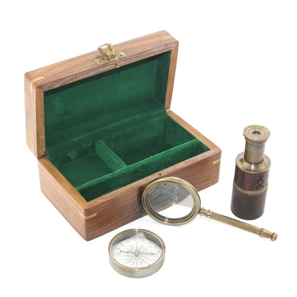Ahşap Kutu Pirinç Pusula Dürbün Büyüteç Seti ürün görseli
