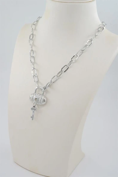 Kadın Özel Tasarım Çanta ve Kilit Figürlü Mineli Kolye - 2