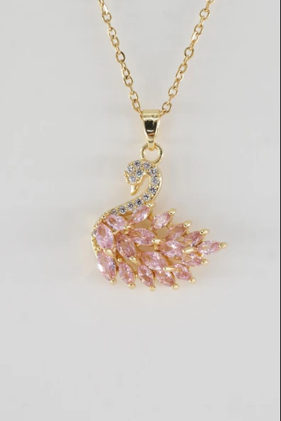 Kadın Kararmaz Çelik Gold Kuğu Tasarım Pembe Taşlı Özel Tasarım Kolye – Hediyelik - Resim 2