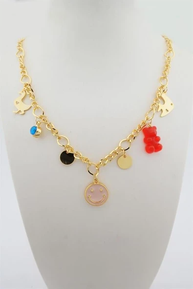 Kadın Özel Tasarım Kırmızı Renk Karışık Figürlü Nazarlı Kolye ürün görseli