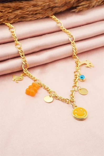 Kadın Özel Tasarım Turuncu Karışık Figürlü Nazarlı Kolye - Resim 3