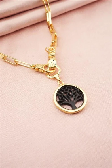 Kadın Özel Tasarım Hayat Ağacı ve El Figürlü  Örme Zincirli Kolye ürün görseli