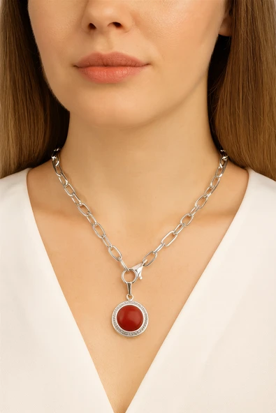 Oval Renkli Taşlı Madalyon Önden Klipsli  Kolye ürün görseli