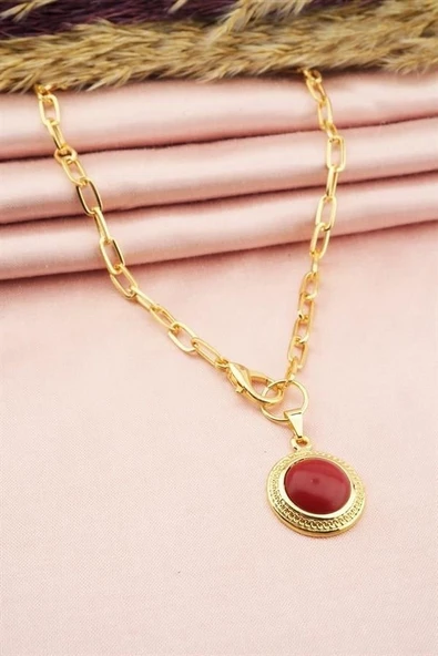 Oval Renkli Taşlı Madalyon Önden Klipsli  Kolye - Resim 4