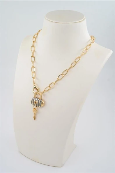 Kadın Özel Tasarım Çanta ve Kilit Figürlü Mineli Kolye - 2