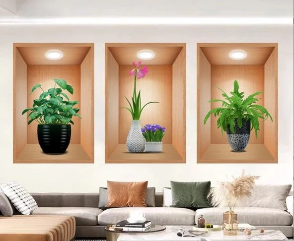 3D Çiçek Vazo Duvar Sticker 3 lü Set Kahverengi Fon - Resim 2