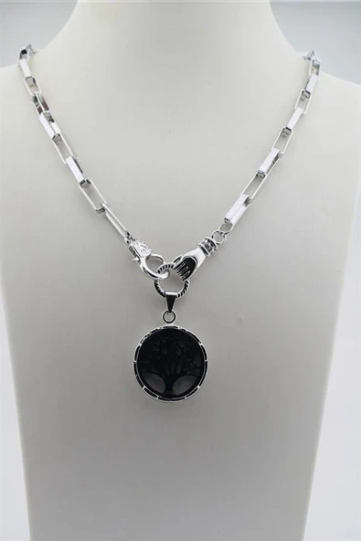 Kadın Özel Tasarım Hayat Ağacı ve El Figürlü  Örme Zincirli Kolye - Resim 2