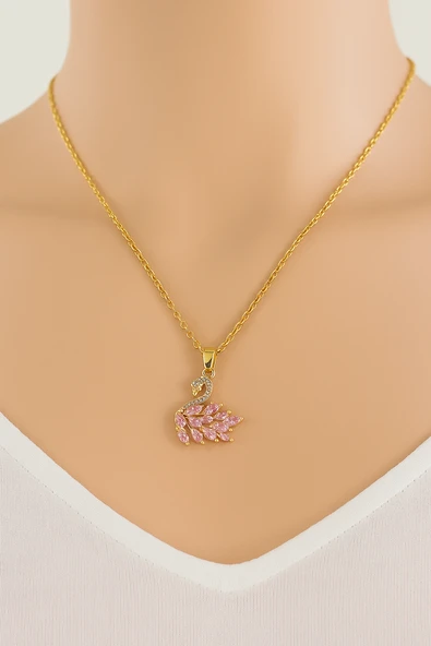 Kadın Kararmaz Çelik Gold Kuğu Tasarım Pembe Taşlı Özel Tasarım Kolye – Hediyelik ürün görseli