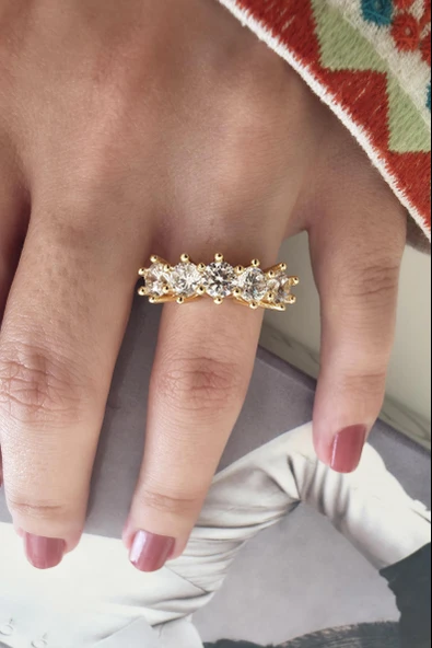 Kadın Vip Seri Baget Zirkon Taşlı 5 Taş Numarasız Ayarlanabilir Yüzük - Resim 4