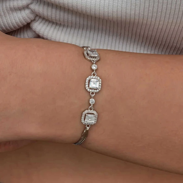 Gümüş Üçlü Kare Kadın Bileklik - Resim 4