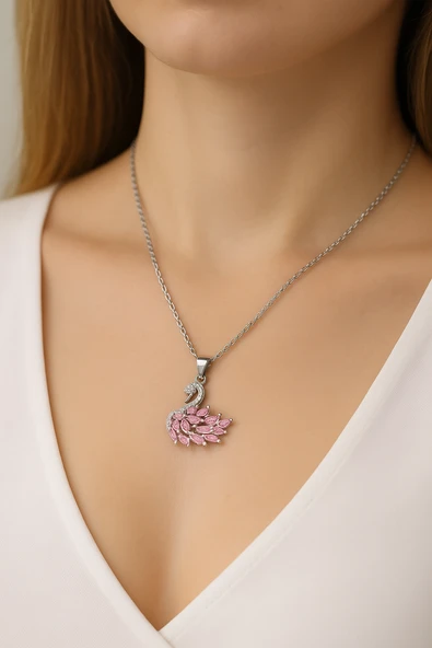 Kadın Kararmaz Çelik Gümüş Kuğu Tasarım Pembe Taşlı Özel Tasarım Kolye – Hediyelik ürün görseli