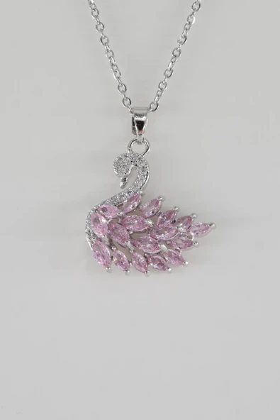 Kadın Kararmaz Çelik Gümüş Kuğu Tasarım Pembe Taşlı Özel Tasarım Kolye – Hediyelik - Resim 2