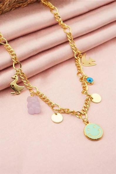 Kadın Özel Tasarım Mor Renk Karışık Figürlü Nazarlı Kolye - Resim 3