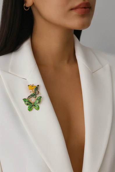 Kadın Çift Kelebek Figürlü Yeşil Sarı Broş – Zirkon Detaylı Kararmaz Metal - Resim 2