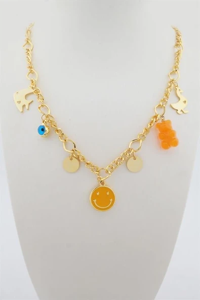 Kadın Özel Tasarım Turuncu Karışık Figürlü Nazarlı Kolye ürün görseli
