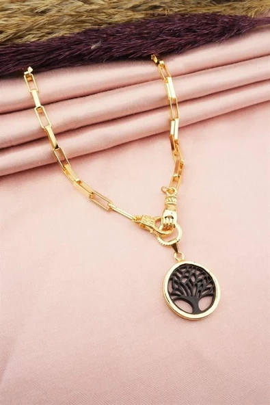 Kadın Özel Tasarım Hayat Ağacı ve El Figürlü  Örme Zincirli Kolye - Resim 3