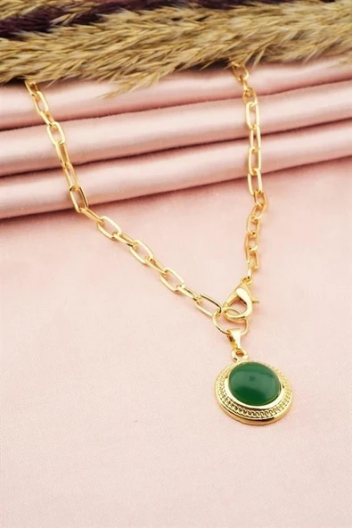 Oval Renkli Taşlı Madalyon Önden Klipsli  Kolye - Resim 2