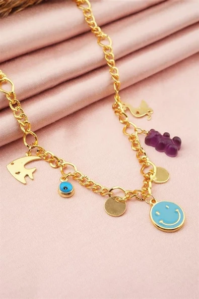 Kadın Özel Tasarım Mürdüm Renk Karışık Figürlü Nazarlı Kolye - Resim 3