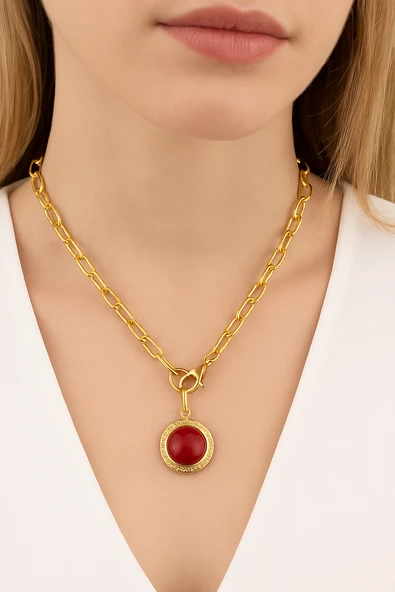 Oval Renkli Taşlı Madalyon Önden Klipsli  Kolye - Resim 3