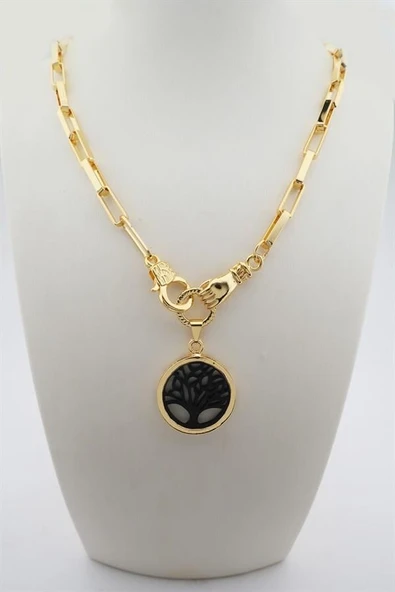 Kadın Özel Tasarım Hayat Ağacı ve El Figürlü  Örme Zincirli Kolye - Resim 2