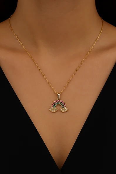 Kadın Gökkuşağı Figürlü Kolye – Renkli Taşlı & Zarif Tasarım ürün görseli