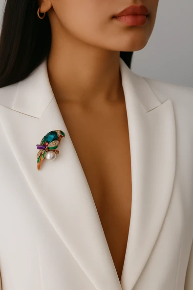 Kadın Renkli Zirkon Taşlı İnci Detaylı Papağan Broş - Resim 2