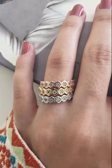 Kadın Vip Seri Zirkon Taşlı 3 Renk 3'lü Numarasız Ayarlanabilir Yüzük - Resim 2