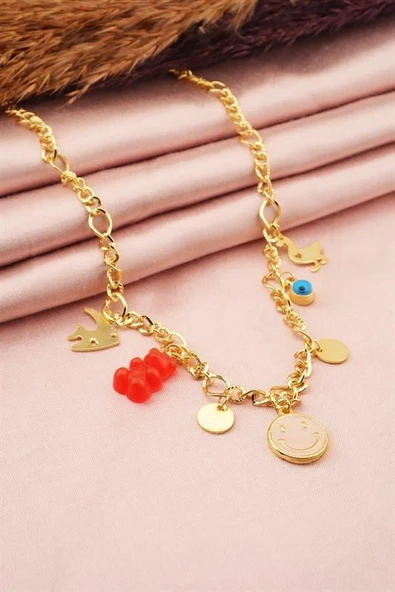 Kadın Özel Tasarım Kırmızı Renk Karışık Figürlü Nazarlı Kolye - Resim 3