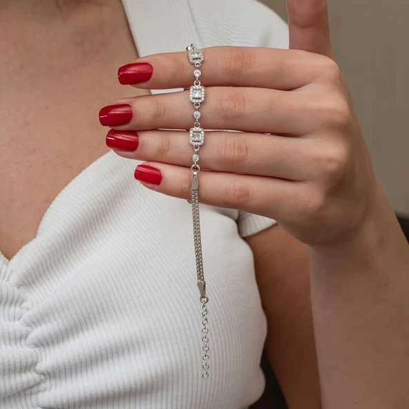 Gümüş Üçlü Baget Taşlı Kadın Bileklik - Resim 2