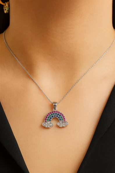 Kadın Gökkuşağı Figürlü Kolye  Renkli Taşlı & Zarif Tasarım ürün görseli