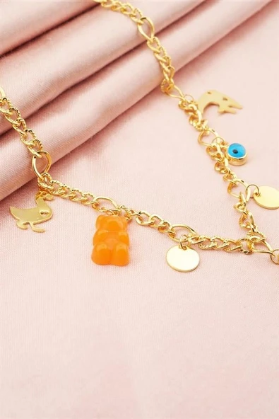 Kadın Özel Tasarım Turuncu Karışık Figürlü Nazarlı Kolye - Resim 2