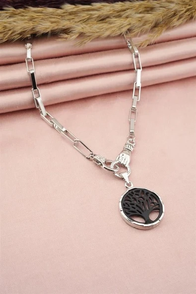 Kadın Özel Tasarım Hayat Ağacı ve El Figürlü  Örme Zincirli Kolye - Resim 3