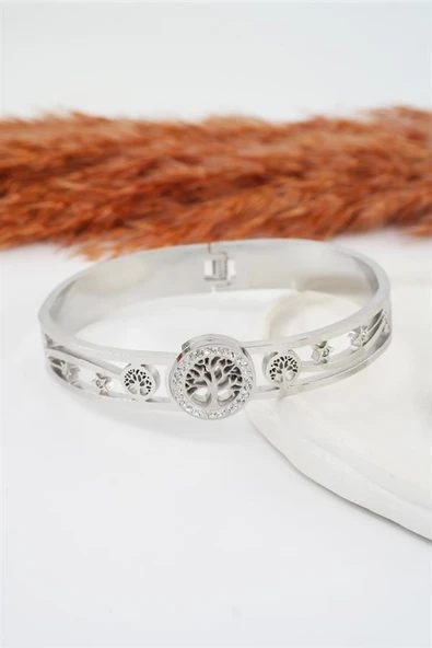 Kadın 316 L Paslanmaz Çelik Anti Alerjenik Zirkon Taşlı Hayat Ağacı Figürlü Bileklik - Resim 2