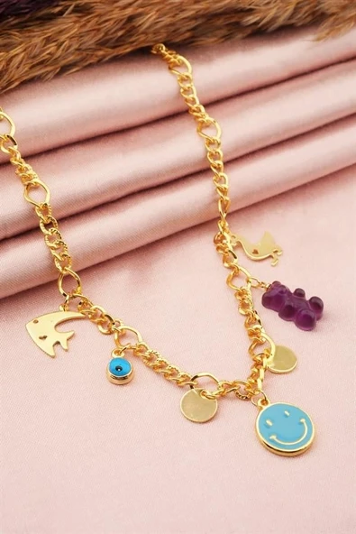 Kadın Özel Tasarım Mürdüm Renk Karışık Figürlü Nazarlı Kolye - Resim 2