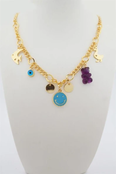 Kadın Özel Tasarım Mürdüm Renk Karışık Figürlü Nazarlı Kolye ürün görseli