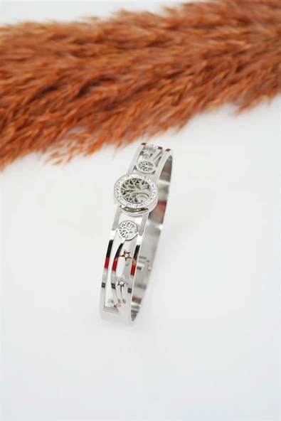 Kadın 316 L Paslanmaz Çelik Anti Alerjenik Zirkon Taşlı Hayat Ağacı Figürlü Bileklik - Resim 3